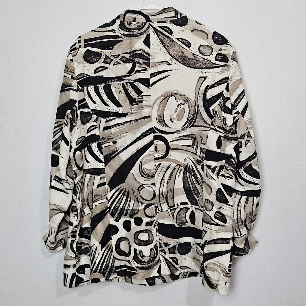 Chico's‎ Blazer Jacket Size 3 US XL Silk Linen Lined Abstract Black Beige